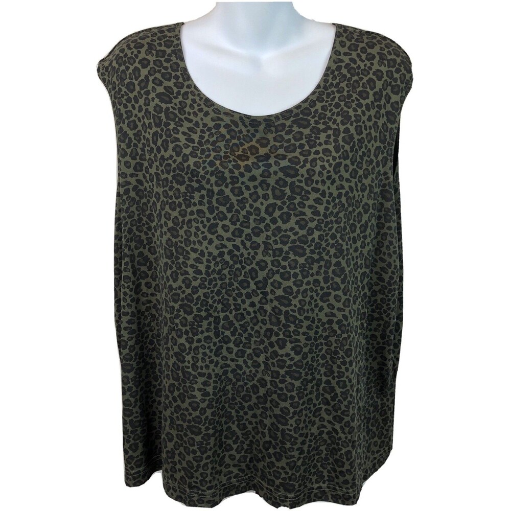 Vintage Sleeveless Top 1X Green Leopard cheetah Scoopneck Rayon Knit 90s Glam